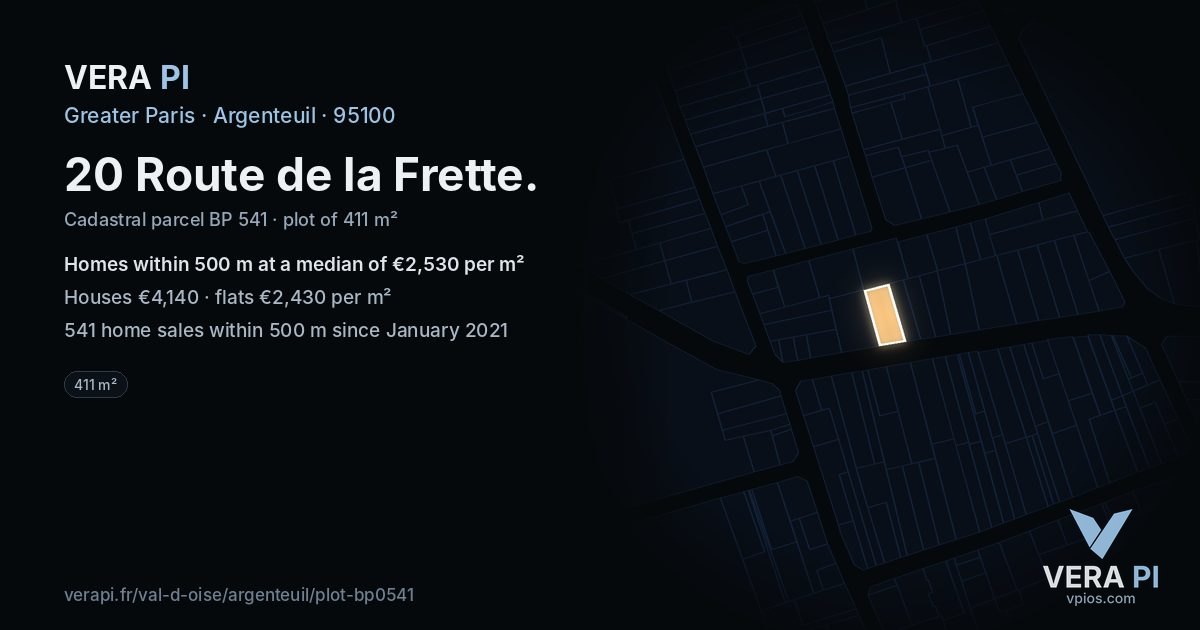 20 Route de la Frette, Argenteuil at night – the plot lit, the parcels around coloured by the prices near them