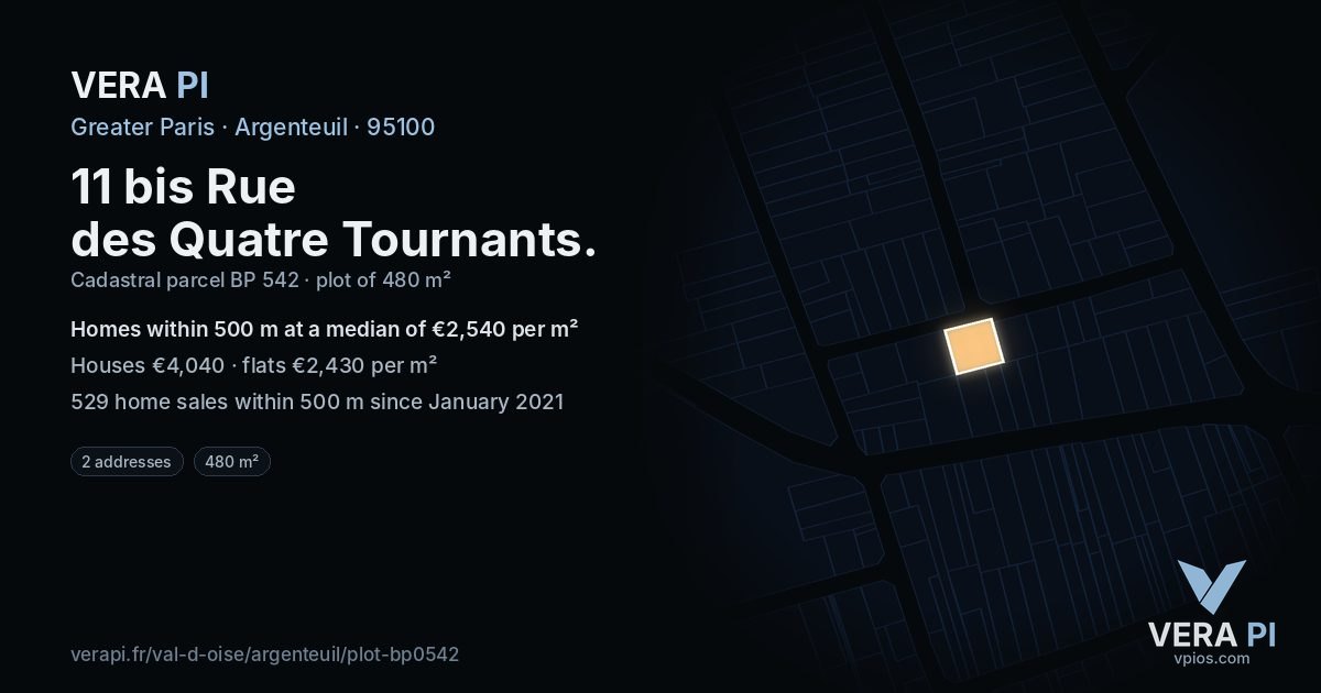 11 bis Rue des Quatre Tournants, Argenteuil at night – the plot lit, the parcels around coloured by the prices near them