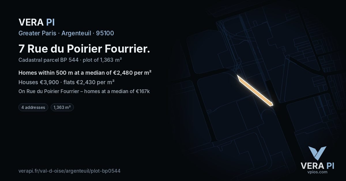 7 Rue du Poirier Fourrier, Argenteuil at night – the plot lit, the parcels around coloured by the prices near them