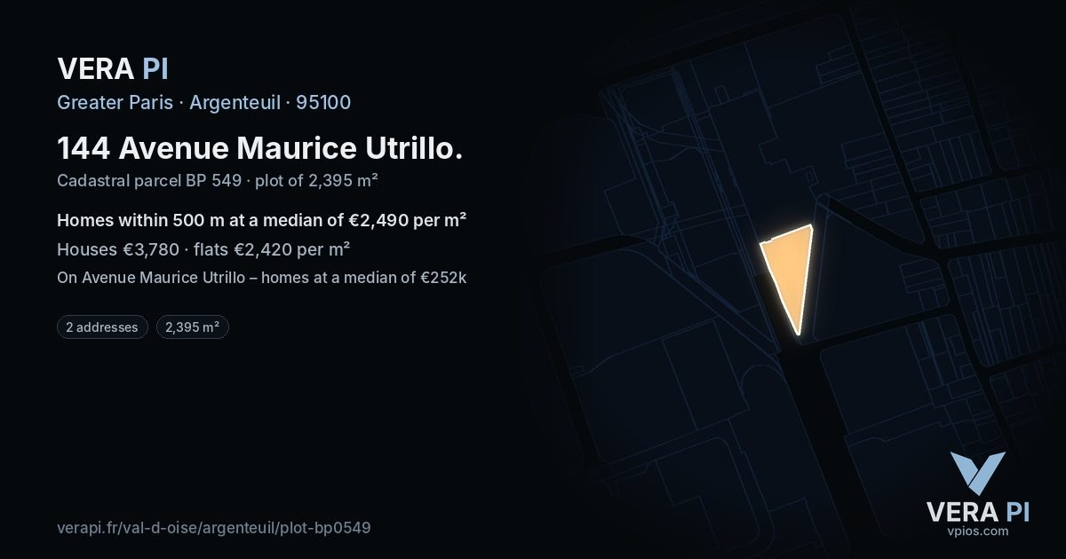 144 Avenue Maurice Utrillo, Argenteuil at night – the plot lit, the parcels around coloured by the prices near them