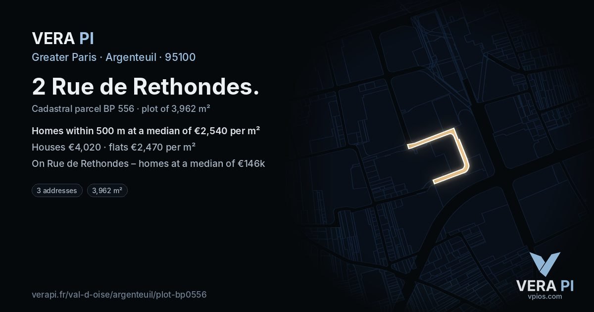 2 Rue de Rethondes, Argenteuil at night – the plot lit, the parcels around coloured by the prices near them