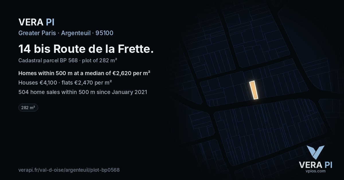 14 bis Route de la Frette, Argenteuil at night – the plot lit, the parcels around coloured by the prices near them