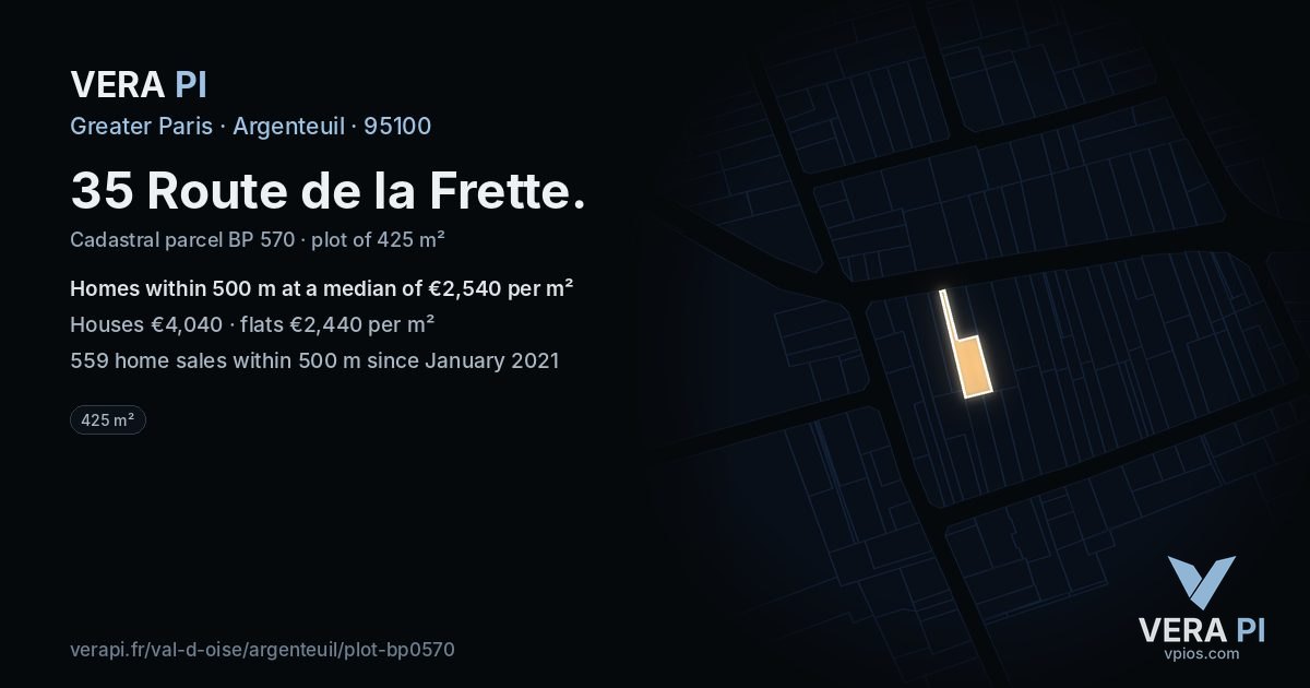 35 Route de la Frette, Argenteuil at night – the plot lit, the parcels around coloured by the prices near them