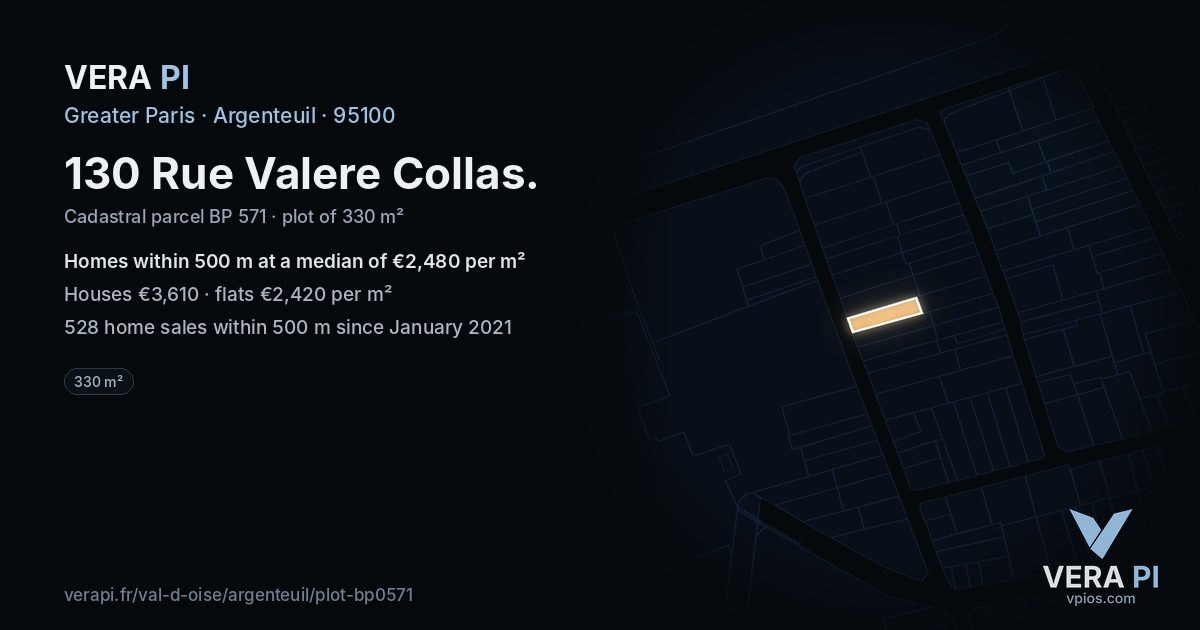 130 Rue Valere Collas, Argenteuil at night – the plot lit, the parcels around coloured by the prices near them