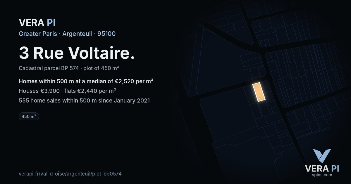 3 Rue Voltaire, Argenteuil at night – the plot lit, the parcels around coloured by the prices near them