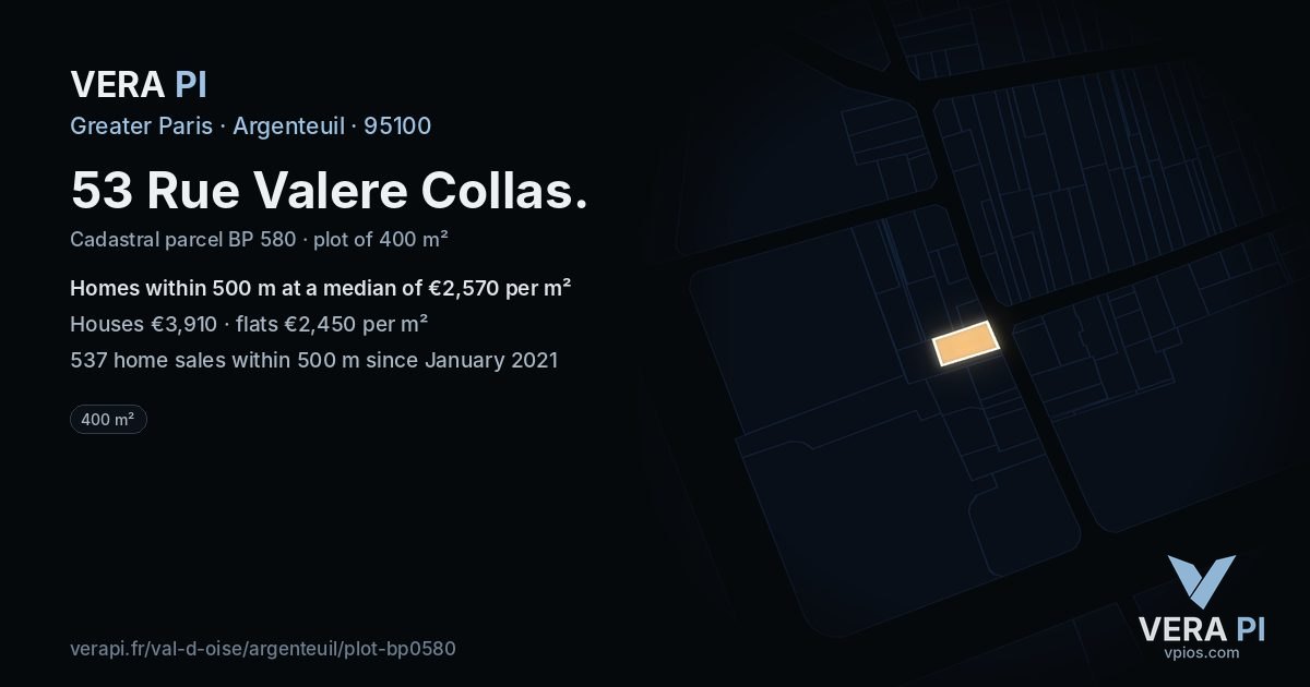 53 Rue Valere Collas, Argenteuil at night – the plot lit, the parcels around coloured by the prices near them