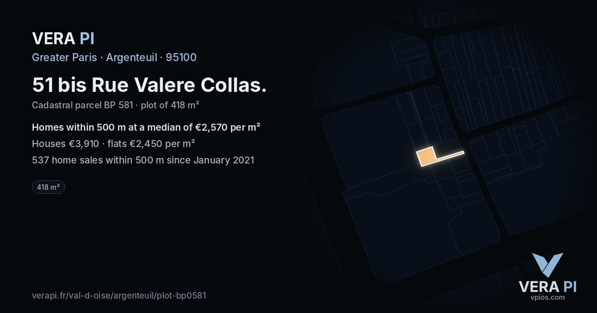 51 bis Rue Valere Collas, Argenteuil at night – the plot lit, the parcels around coloured by the prices near them