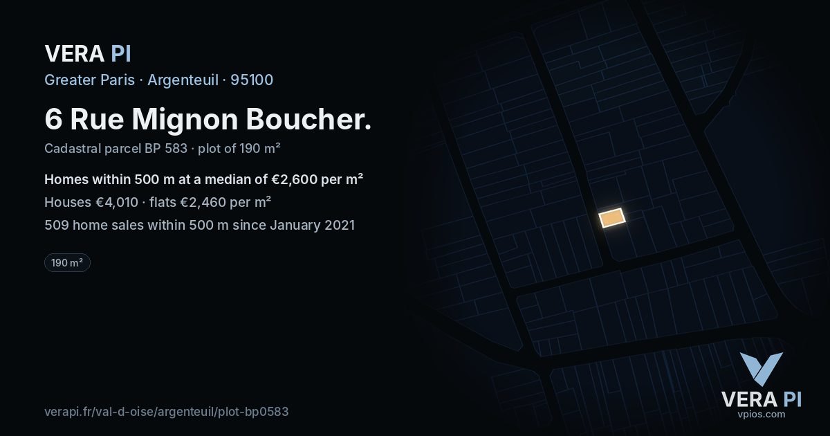 6 Rue Mignon Boucher, Argenteuil at night – the plot lit, the parcels around coloured by the prices near them