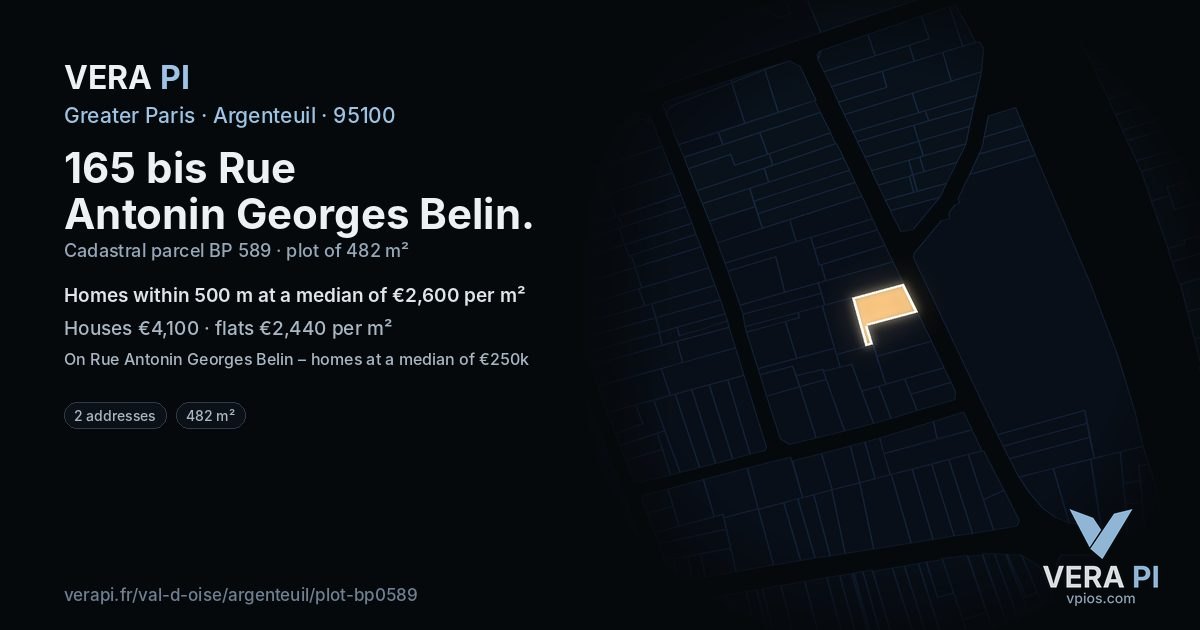 165 bis Rue Antonin Georges Belin, Argenteuil at night – the plot lit, the parcels around coloured by the prices near them