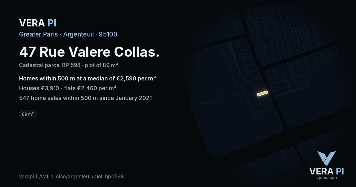 47 Rue Valere Collas, Argenteuil at night – the plot lit, the parcels around coloured by the prices near them
