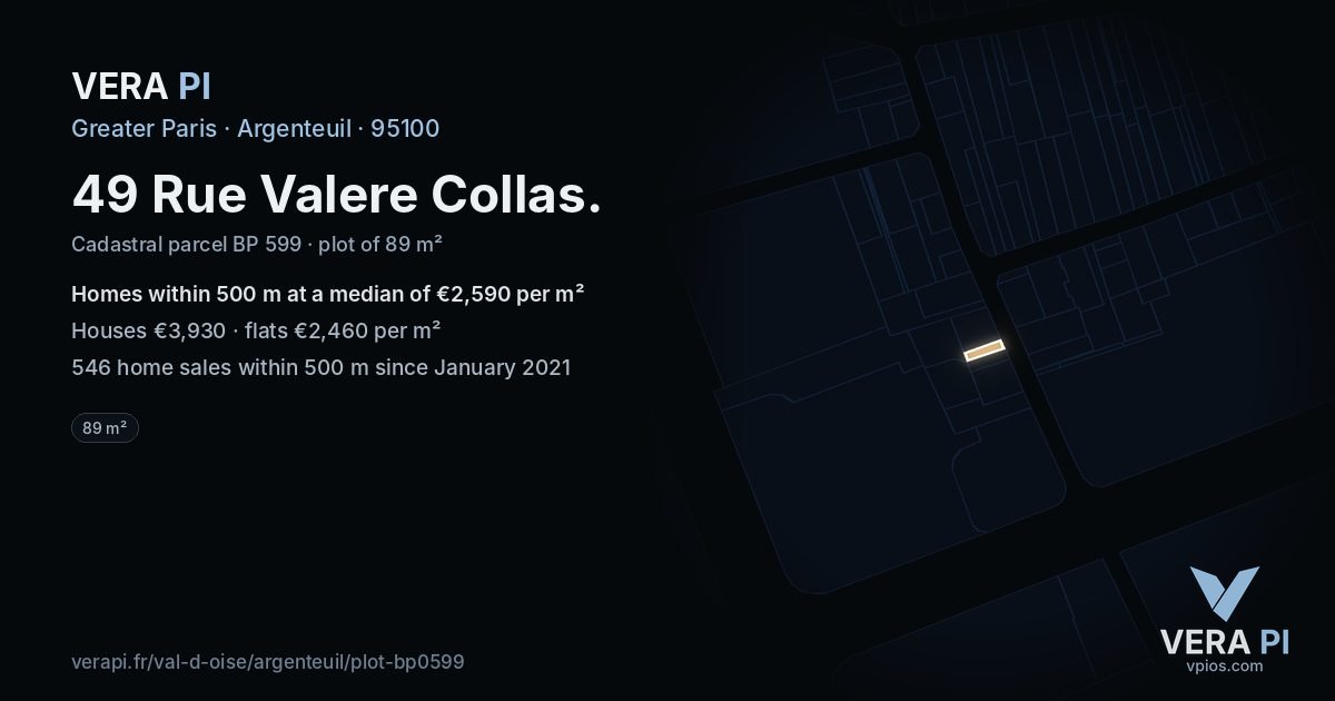 49 Rue Valere Collas, Argenteuil at night – the plot lit, the parcels around coloured by the prices near them