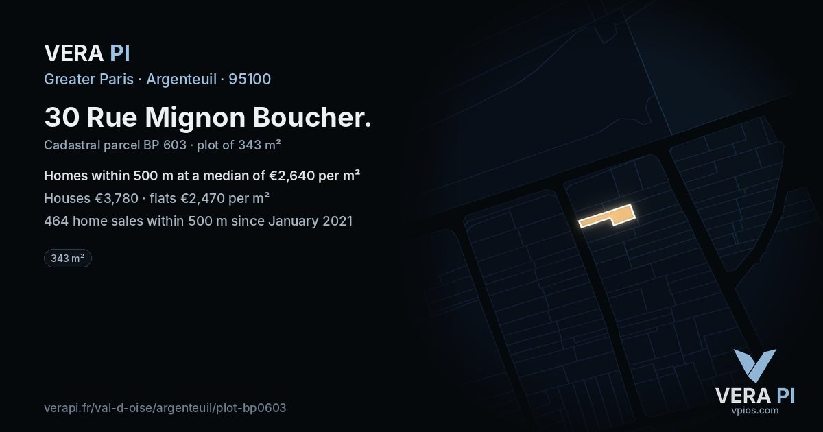 30 Rue Mignon Boucher, Argenteuil at night – the plot lit, the parcels around coloured by the prices near them