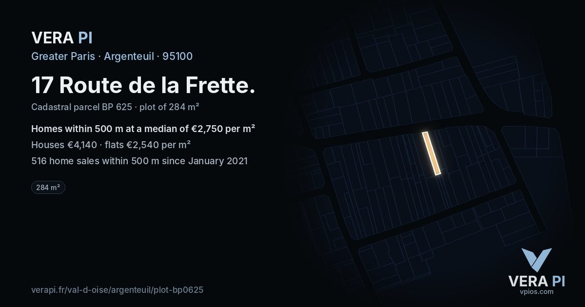 17 Route de la Frette, Argenteuil at night – the plot lit, the parcels around coloured by the prices near them