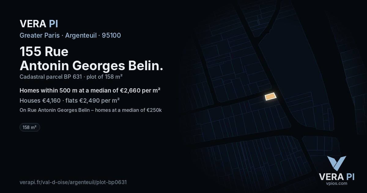 155 Rue Antonin Georges Belin, Argenteuil at night – the plot lit, the parcels around coloured by the prices near them