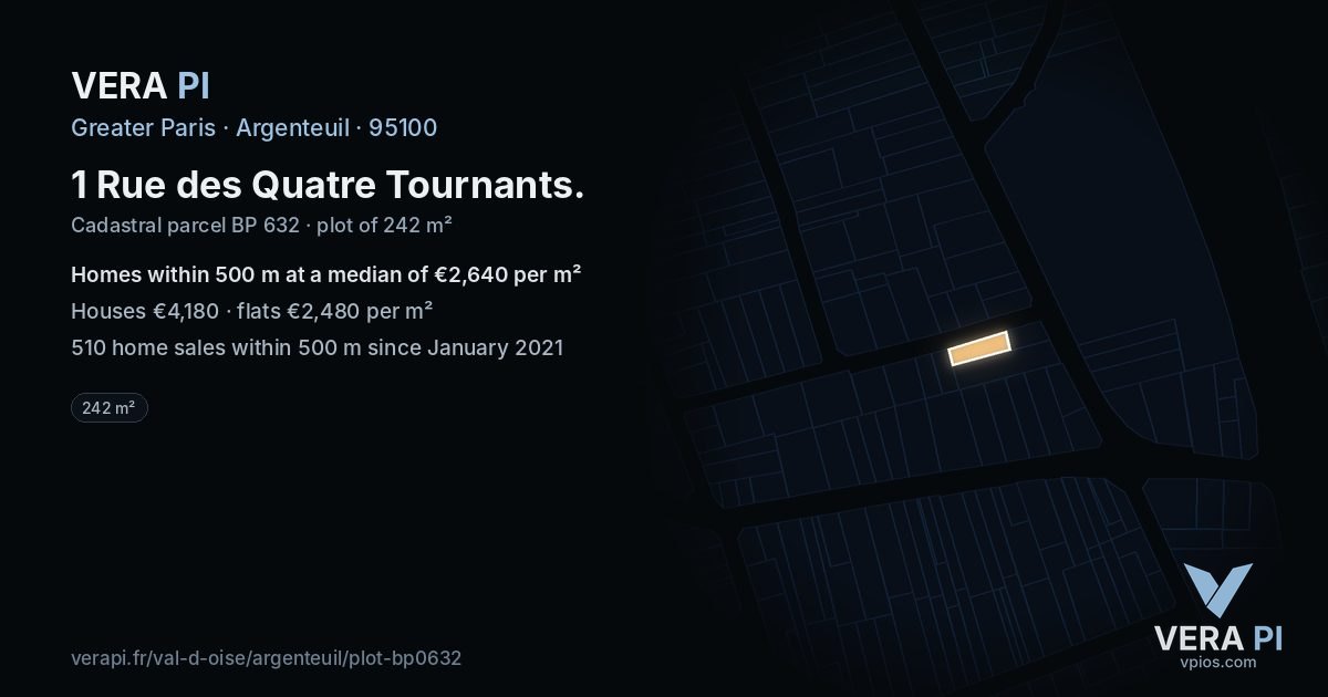 1 Rue des Quatre Tournants, Argenteuil at night – the plot lit, the parcels around coloured by the prices near them