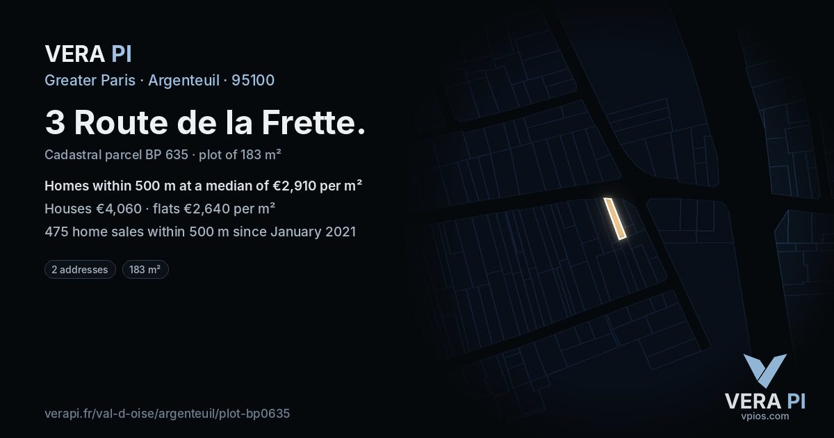 3 Route de la Frette, Argenteuil at night – the plot lit, the parcels around coloured by the prices near them