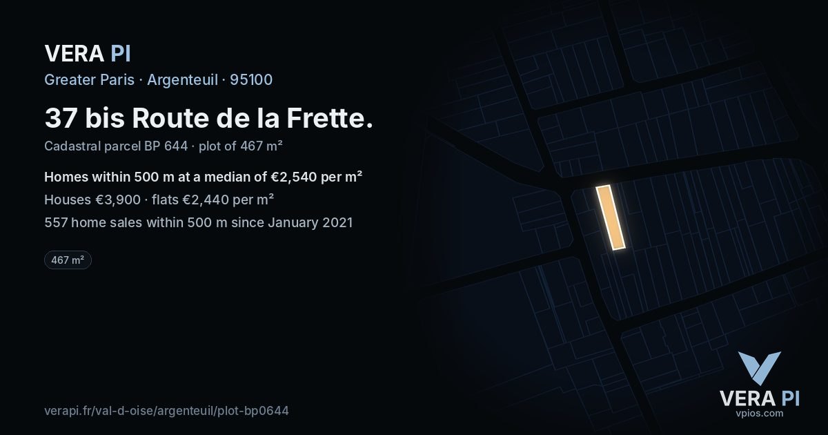 37 bis Route de la Frette, Argenteuil at night – the plot lit, the parcels around coloured by the prices near them
