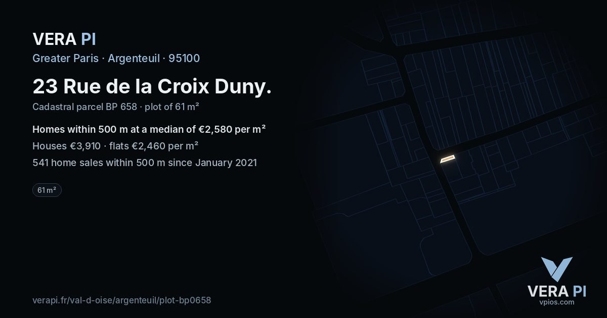 23 Rue de la Croix Duny, Argenteuil at night – the plot lit, the parcels around coloured by the prices near them