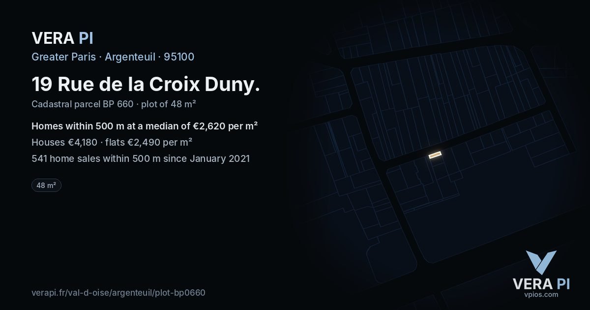 19 Rue de la Croix Duny, Argenteuil at night – the plot lit, the parcels around coloured by the prices near them