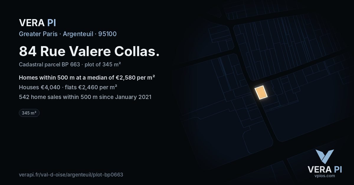 84 Rue Valere Collas, Argenteuil at night – the plot lit, the parcels around coloured by the prices near them