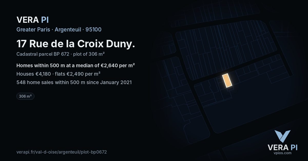 17 Rue de la Croix Duny, Argenteuil at night – the plot lit, the parcels around coloured by the prices near them