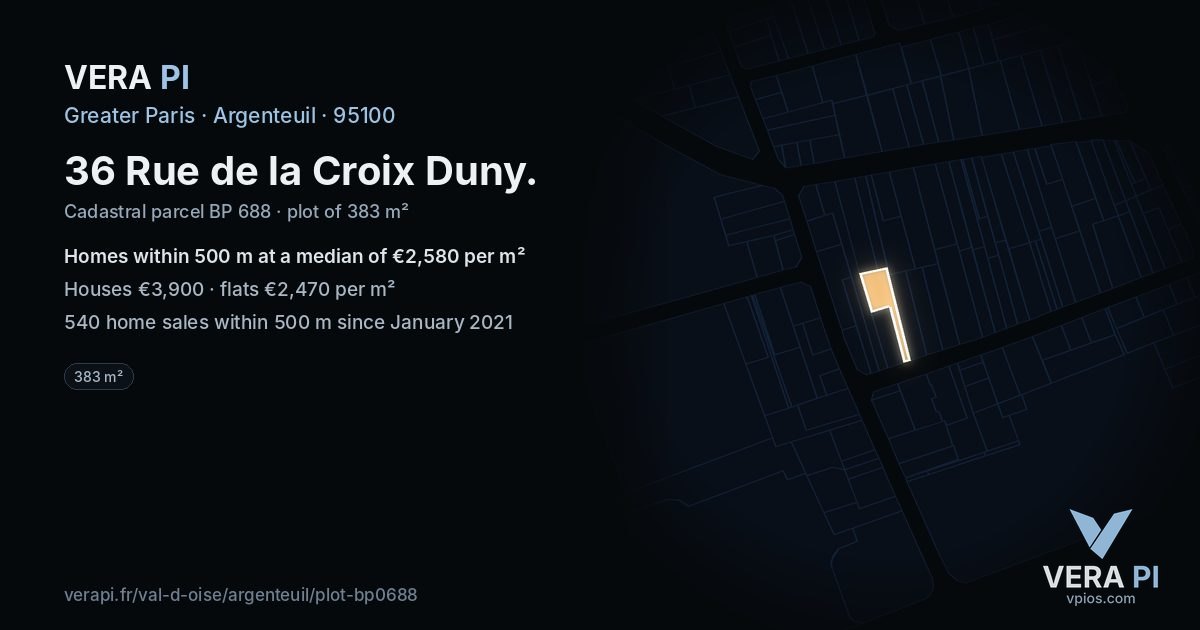 36 Rue de la Croix Duny, Argenteuil at night – the plot lit, the parcels around coloured by the prices near them