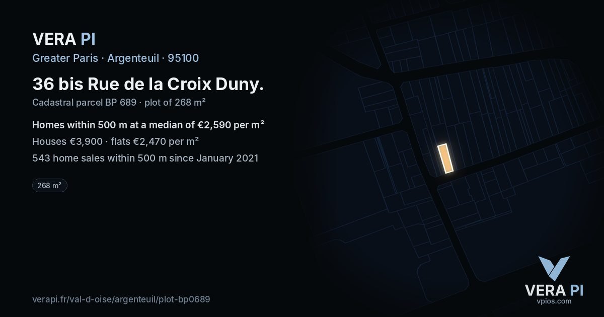 36 bis Rue de la Croix Duny, Argenteuil at night – the plot lit, the parcels around coloured by the prices near them