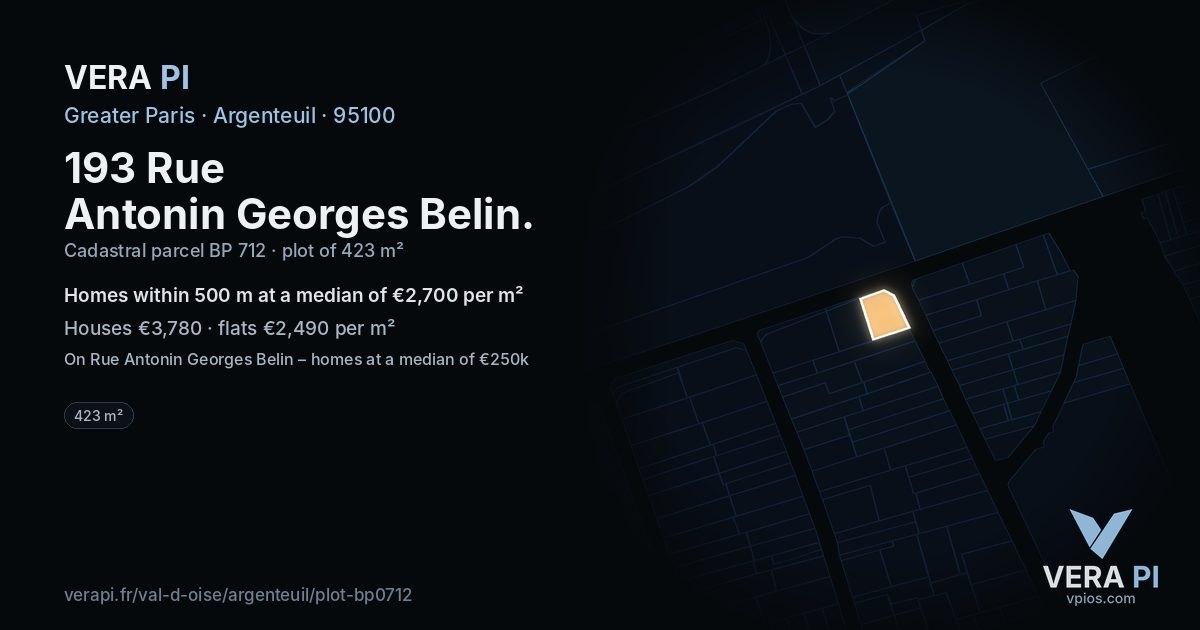 193 Rue Antonin Georges Belin, Argenteuil at night – the plot lit, the parcels around coloured by the prices near them
