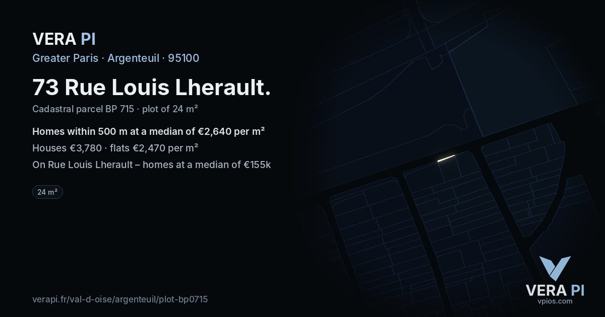 73 Rue Louis Lherault, Argenteuil at night – the plot lit, the parcels around coloured by the prices near them