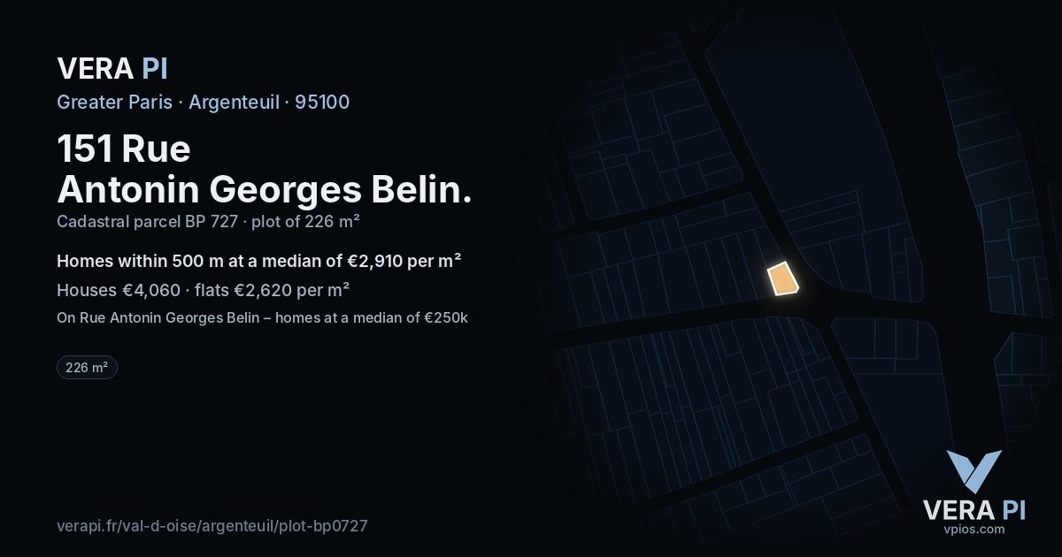 151 Rue Antonin Georges Belin, Argenteuil at night – the plot lit, the parcels around coloured by the prices near them