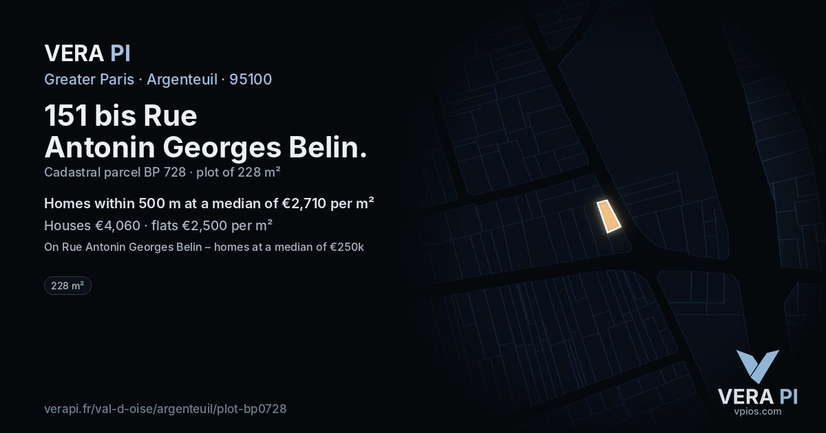 151 bis Rue Antonin Georges Belin, Argenteuil at night – the plot lit, the parcels around coloured by the prices near them