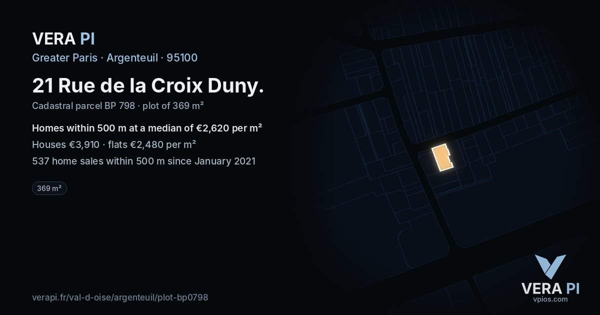 21 Rue de la Croix Duny, Argenteuil at night – the plot lit, the parcels around coloured by the prices near them