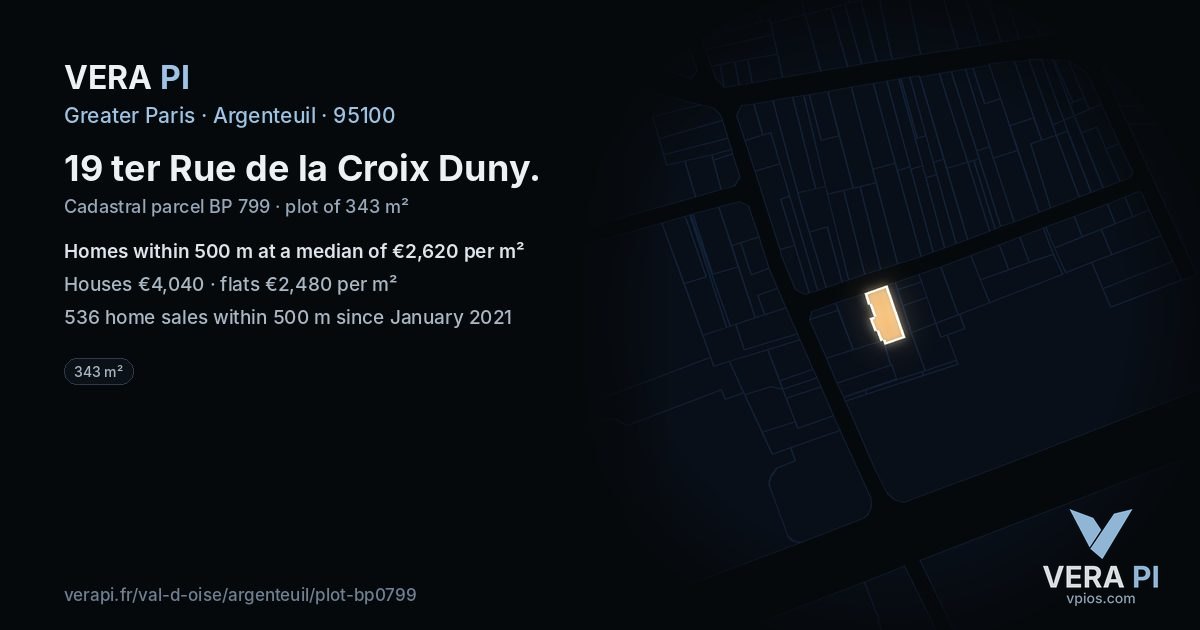 19 ter Rue de la Croix Duny, Argenteuil at night – the plot lit, the parcels around coloured by the prices near them