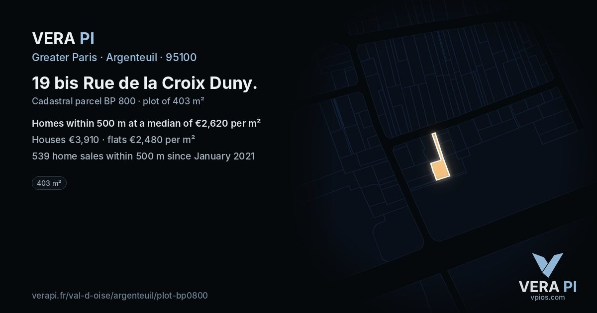 19 bis Rue de la Croix Duny, Argenteuil at night – the plot lit, the parcels around coloured by the prices near them