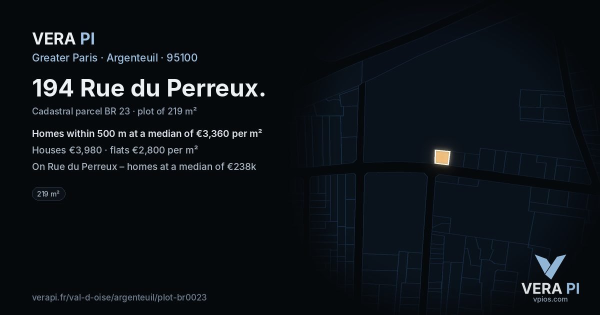 194 Rue du Perreux, Argenteuil at night – the plot lit, the parcels around coloured by the prices near them