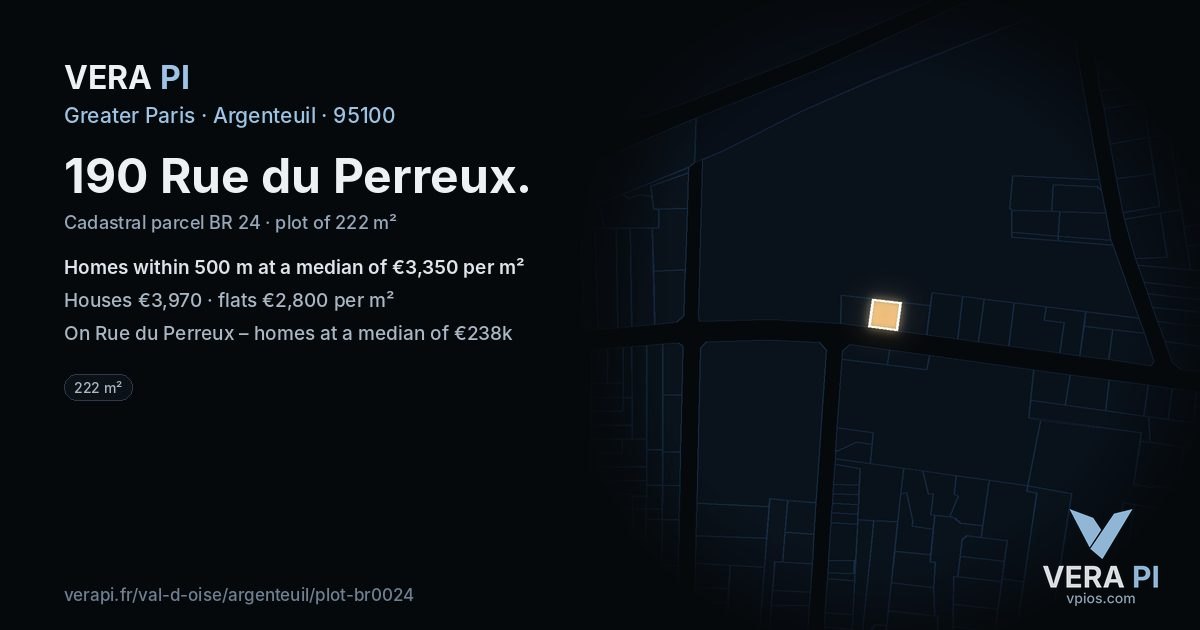 190 Rue du Perreux, Argenteuil at night – the plot lit, the parcels around coloured by the prices near them