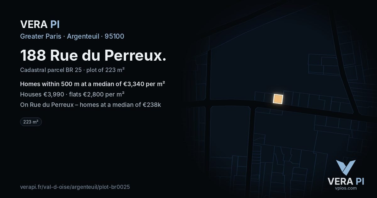188 Rue du Perreux, Argenteuil at night – the plot lit, the parcels around coloured by the prices near them