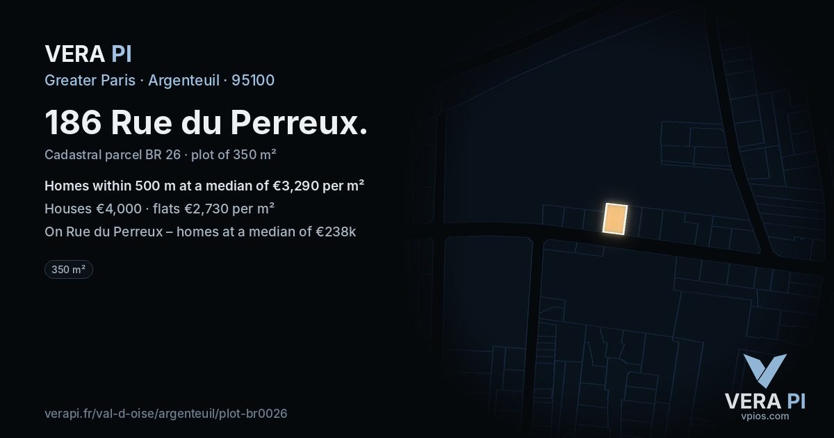 186 Rue du Perreux, Argenteuil at night – the plot lit, the parcels around coloured by the prices near them