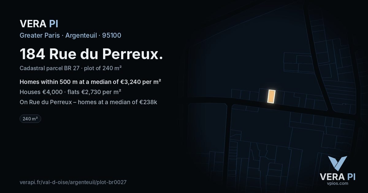 184 Rue du Perreux, Argenteuil at night – the plot lit, the parcels around coloured by the prices near them