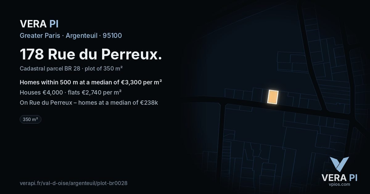 178 Rue du Perreux, Argenteuil at night – the plot lit, the parcels around coloured by the prices near them