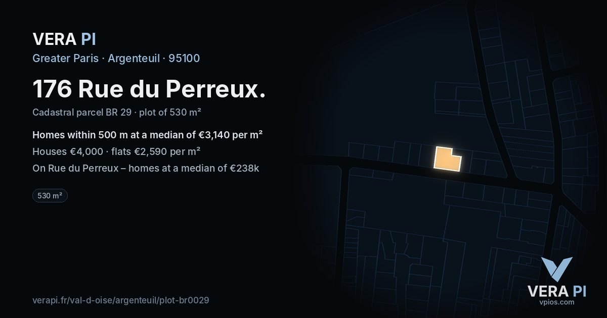 176 Rue du Perreux, Argenteuil at night – the plot lit, the parcels around coloured by the prices near them