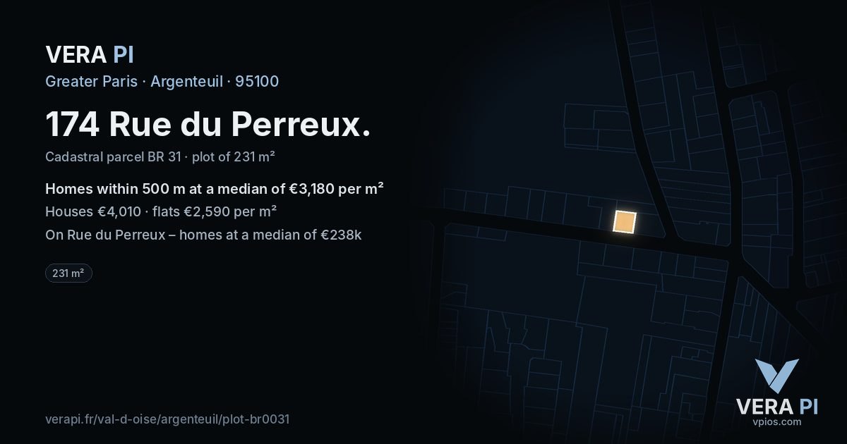 174 Rue du Perreux, Argenteuil at night – the plot lit, the parcels around coloured by the prices near them