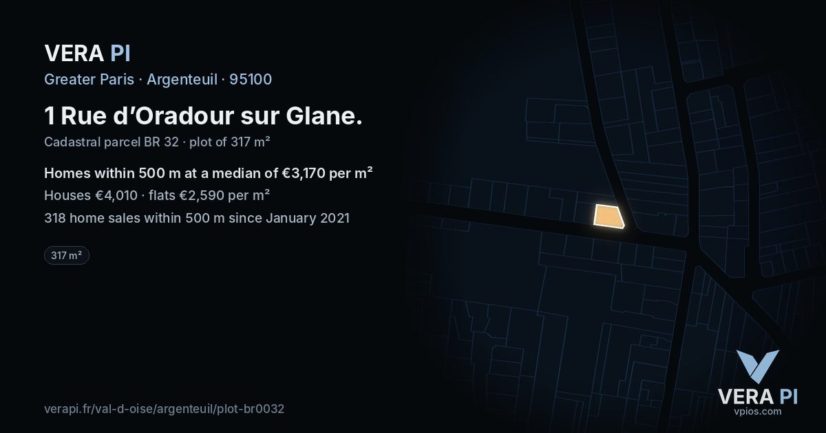 1 Rue d’Oradour sur Glane, Argenteuil at night – the plot lit, the parcels around coloured by the prices near them