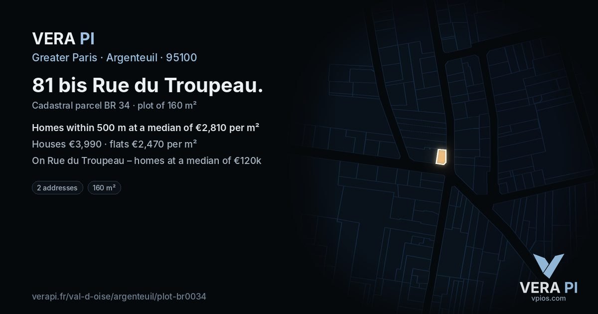 81 bis Rue du Troupeau, Argenteuil at night – the plot lit, the parcels around coloured by the prices near them