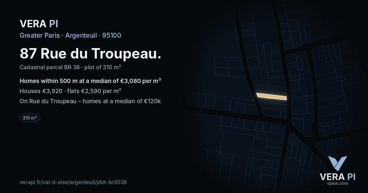 87 Rue du Troupeau, Argenteuil at night – the plot lit, the parcels around coloured by the prices near them