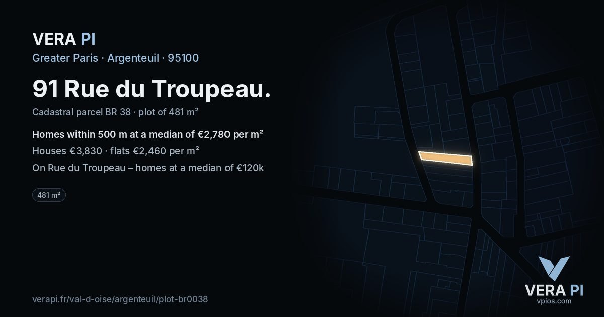 91 Rue du Troupeau, Argenteuil at night – the plot lit, the parcels around coloured by the prices near them