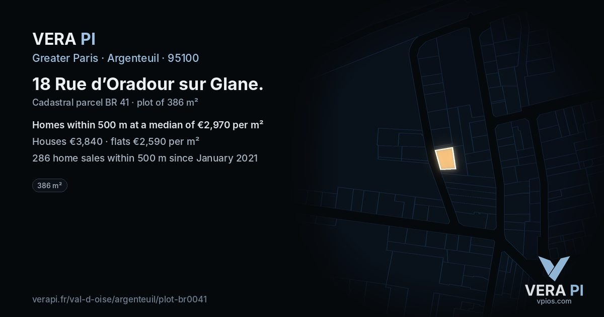 18 Rue d’Oradour sur Glane, Argenteuil at night – the plot lit, the parcels around coloured by the prices near them