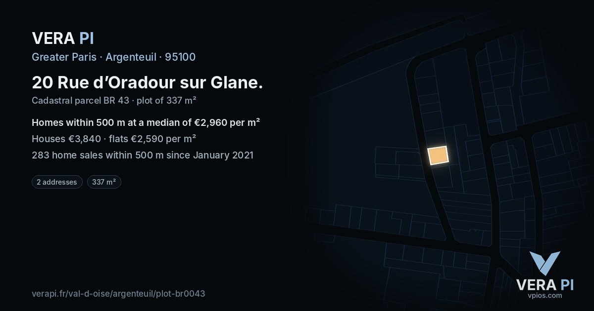 20 Rue d’Oradour sur Glane, Argenteuil at night – the plot lit, the parcels around coloured by the prices near them