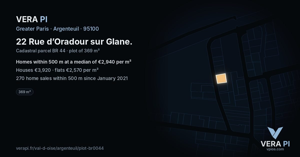 22 Rue d’Oradour sur Glane, Argenteuil at night – the plot lit, the parcels around coloured by the prices near them