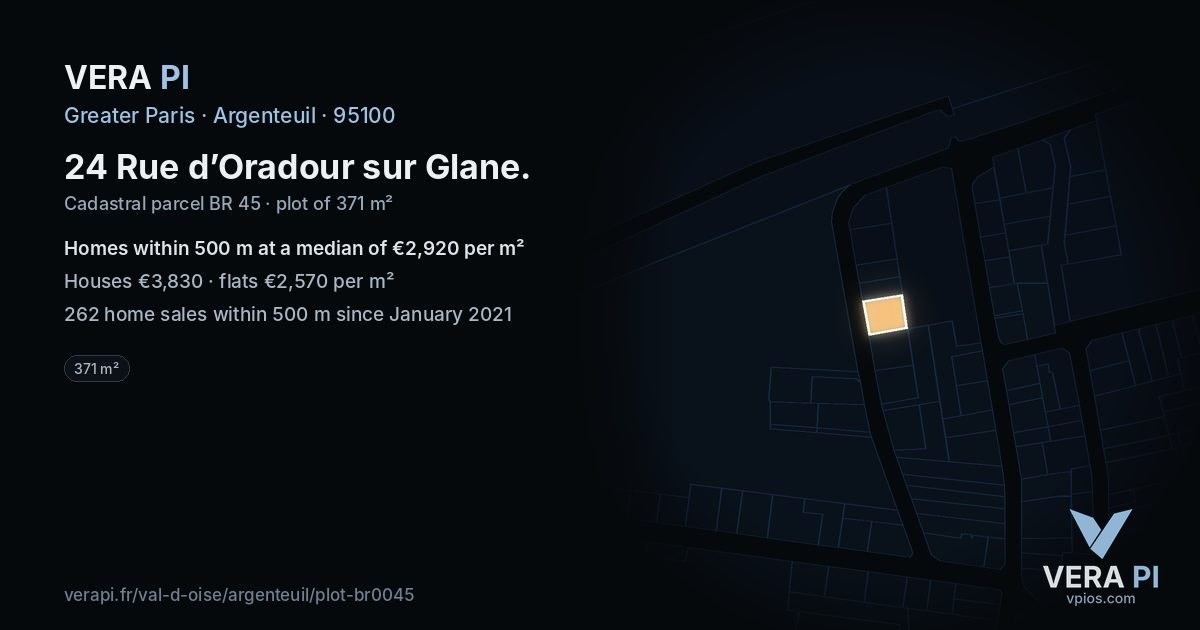 24 Rue d’Oradour sur Glane, Argenteuil at night – the plot lit, the parcels around coloured by the prices near them